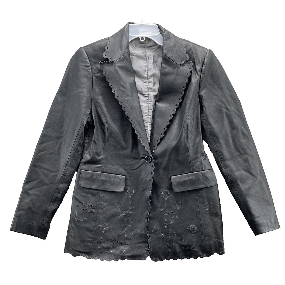 Styleworks Genuine Leather Blazer Jacket Women's 6 Eyelet Embroidered Floral Y2k